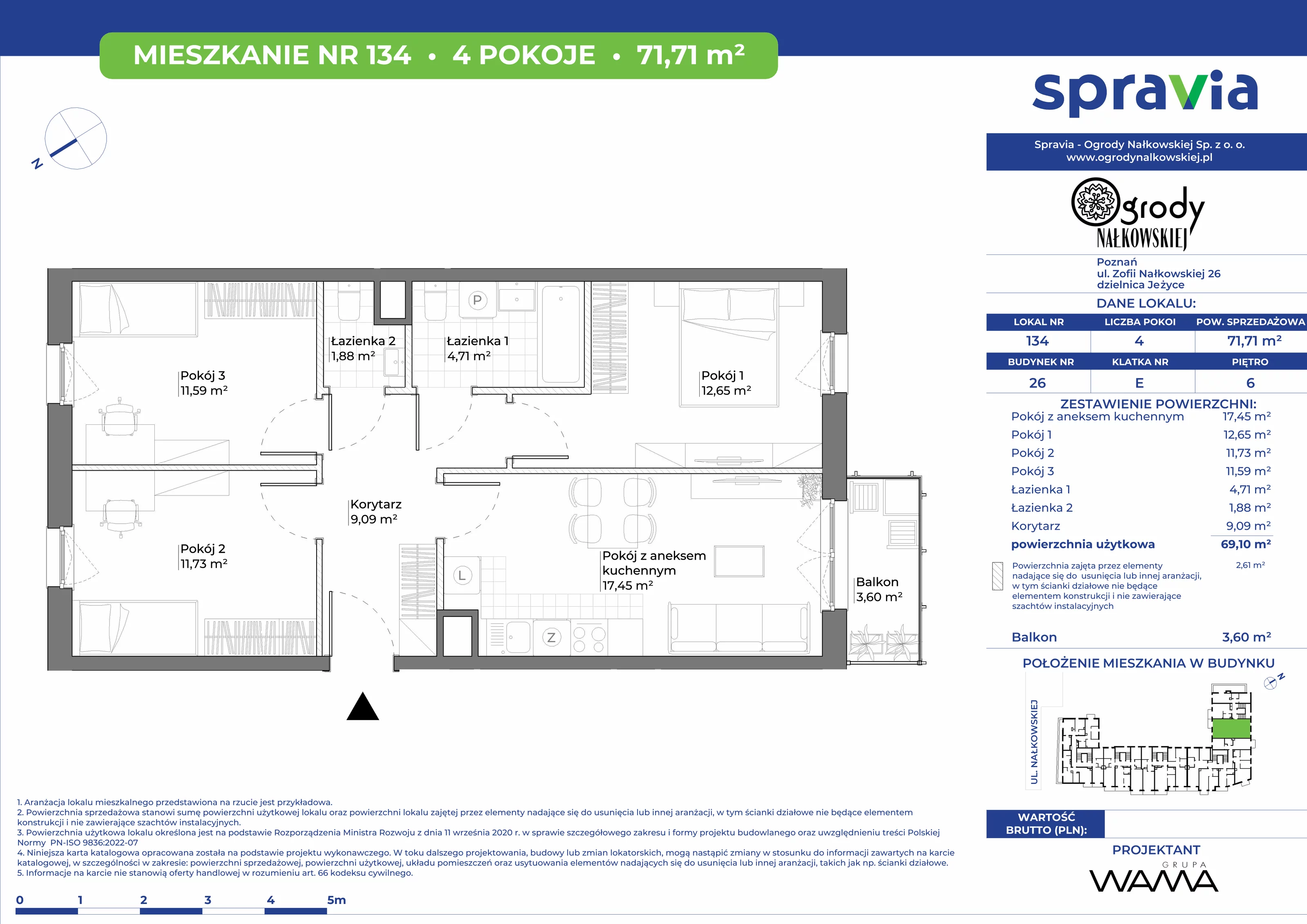 4 pokoje, mieszkanie 71,71 m², piętro 6, oferta nr 26-134, Ogrody Nałkowskiej, Poznań, Ogrody, ul. Nałkowskiej 24, 26